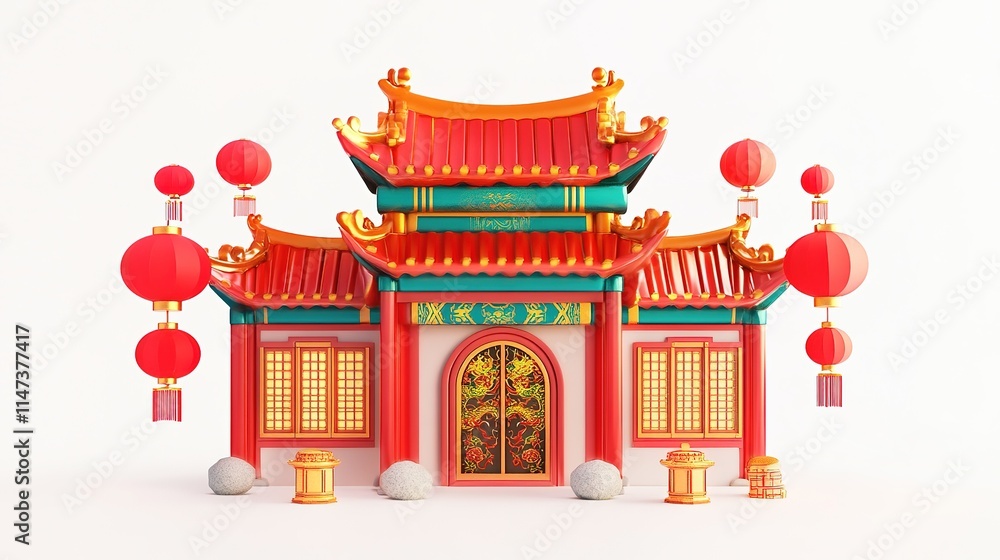 Smiling Chinese New Year Snake with Traditional Chinese Building and Decorative Lamps, Rendered in 3D Cartoon Style, Isolated on a White Background for Festive Celebrations Smiling Chinese New Year Snake with Traditional Chinese Building and Decorative Lamps, Rendered in 3D Cartoon Style, Isolated on a White Background for Festive Celebrations
