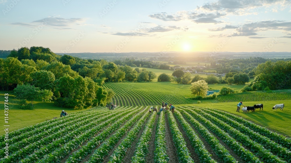 Sunset over idyllic farmland with workers harvesting crops. Sunset over idyllic farmland with workers harvesting crops.