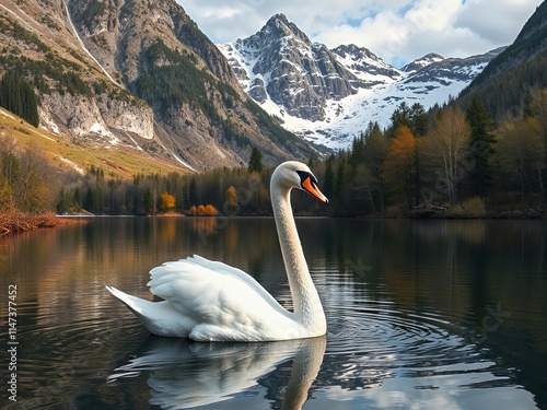 there is a white swan swimming in a lake with mountains in the background. photo