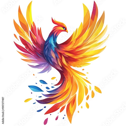 Vibrant Abstract Phoenix Bird Design Colorful Feathers and Dynamic Pose. photo