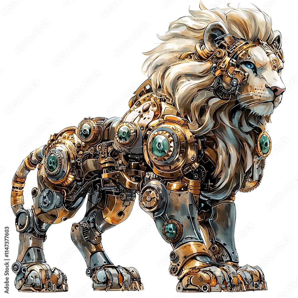 Fototapeta premium Majestic Mechanical Lion A Steampunk-Inspired Digital Painting of a Robotic Lion.