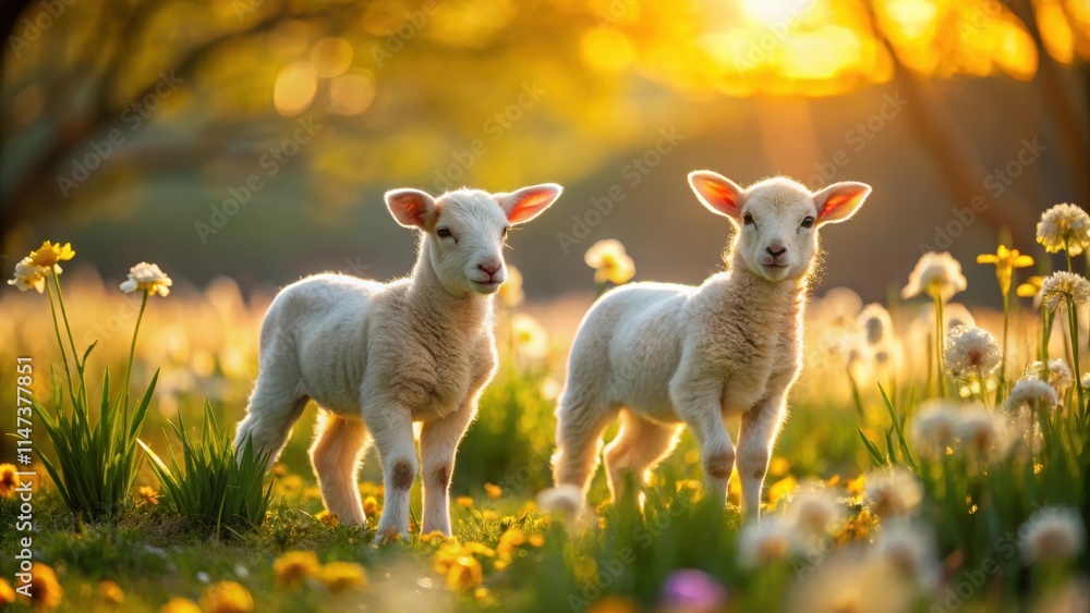 Fototapeta premium Spring lambs playing in golden sunlight among blooming flowers, spring, lambs, golden light, flowers, nature, cute, animals, grazing