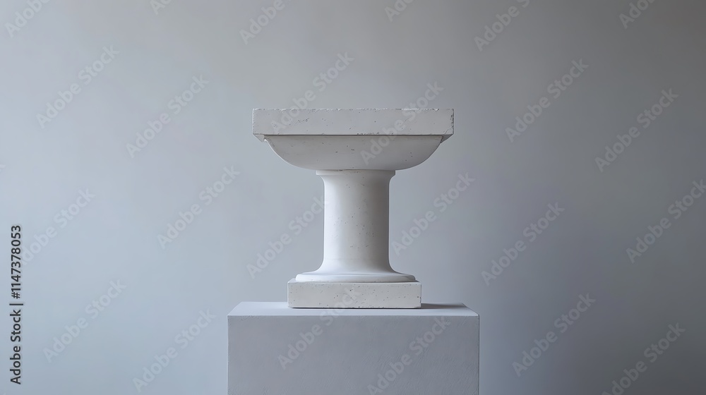 A minimalist display of an elegant white pedestal showcasing a sculptural bowl against a muted backdrop. A minimalist display of an elegant white pedestal showcasing a sculptural bowl against a muted backdrop.