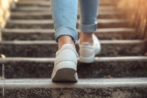 Woman's feet in white sneakers ascending stone steps outdoors. photo