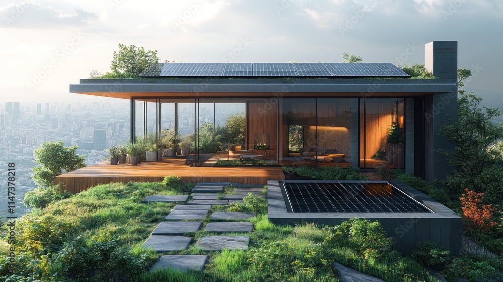 Fototapeta premium Modern eco-friendly house with solar panels, rooftop garden, and infinity pool overlooking city.