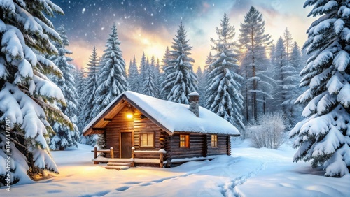 Wallpaper Mural Idyllic winter cabin scene with snowfall in a snowy forest, winter, cabin, snowfall, snowy, forest, idyllic, cozy, tranquil Torontodigital.ca
