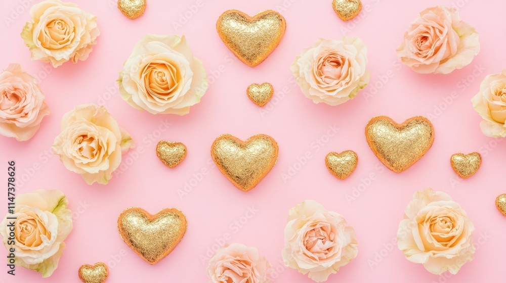 Romantic Arrangement of Gold Hearts and Pink Roses on a Pastel Background Romantic Arrangement of Gold Hearts and Pink Roses on a Pastel Background