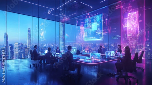 Futuristic business meeting in a high-rise office with holographic displays showing data analytics and city skyline.