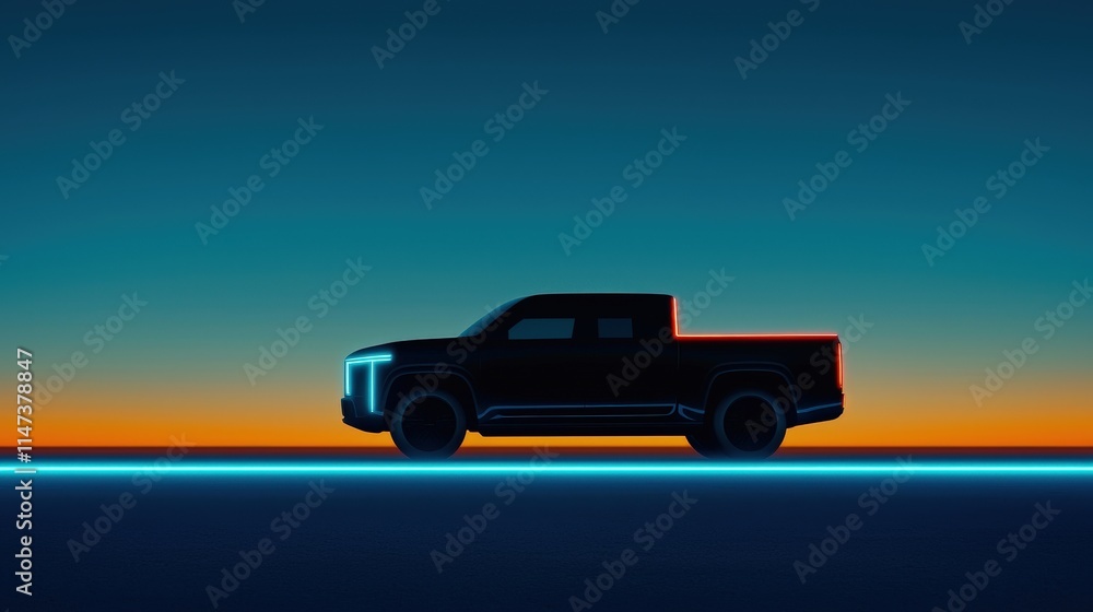 Fototapeta premium Night scene of an EV truck glowing with subtle electric blue lines