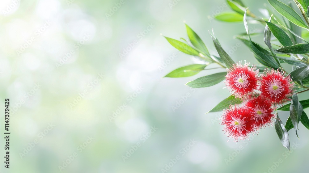 Red bottlebrush flowers on a branch with green leaves against a blurred green background. Red bottlebrush flowers on a branch with green leaves against a blurred green background.