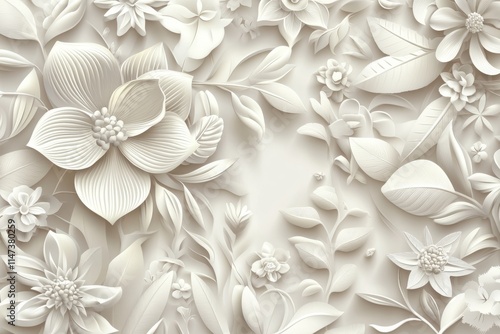 Elegant Textured Floral Background Design Featuring Intricate White Flowers and Leaves in a Minimalist Style Ideal for Modern Decor and Creative Projects