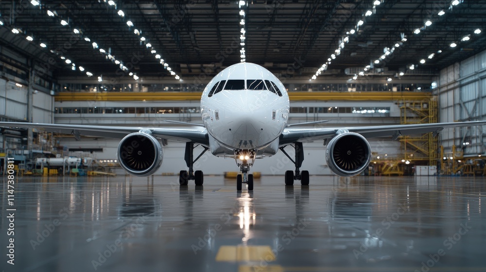 Airplane in hangar, front view. Airplane in hangar, front view.