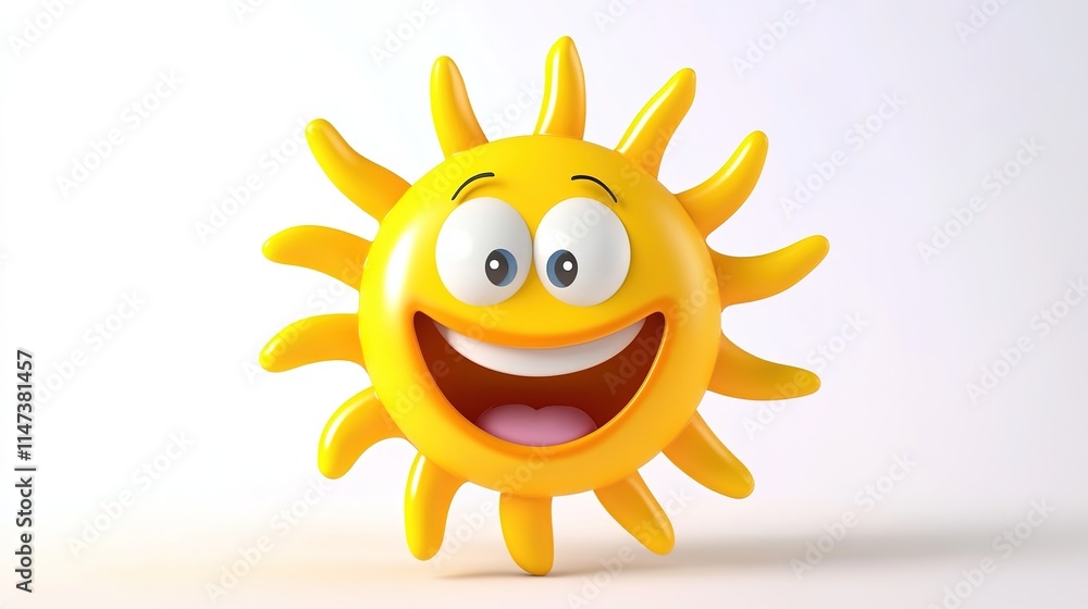 Bright and Colorful 3D Icon Symbolizing Good Mood with Smiling Face, Big Expressive Eyes, Wide Smile, and Sun Rays, on White Background for Easy Background Removal Bright and Colorful 3D Icon Symbolizing Good Mood with Smiling Face, Big Expressive Eyes, Wide Smile, and Sun Rays, on White Background for Easy Background Removal