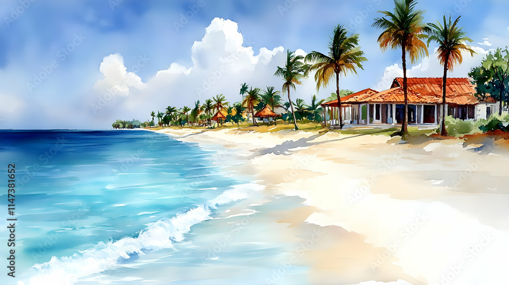 Tropical Beach Meets Ocean Waves Gently on Sunny Day Tropical Beach Meets Ocean Waves Gently on Sunny Day