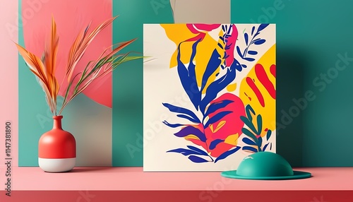 Vibrant abstract artwork display with colorful plant decor modern interior digital art contemporary living space aesthetic design concept photo