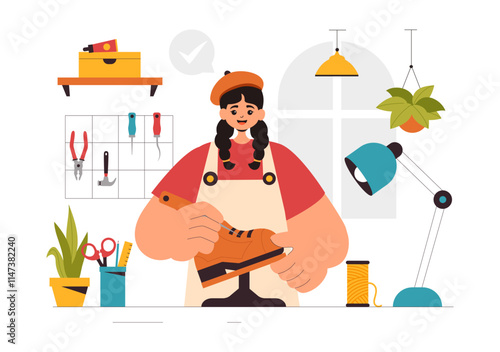 Shoemaker Profession Vector Illustration featuring the Process of Shoe Repair, Footwear Manufacturing, and Design in a Flat Style Cartoon Background