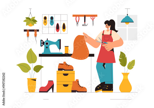 Shoemaker Profession Vector Illustration featuring the Process of Shoe Repair, Footwear Manufacturing, and Design in a Flat Style Cartoon Background