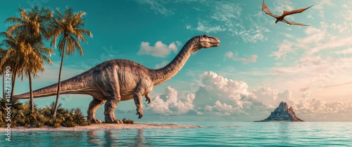 Fototapeta Naklejka Na Ścianę i Meble -  Majestic Dinosaur Wanders Beside Tropical Beach and Ocean