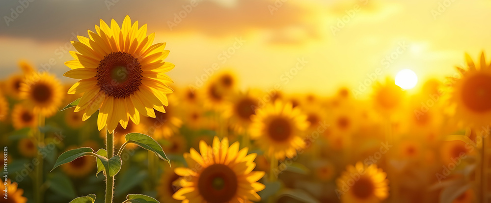 Fototapeta premium Sunflowers ablaze at sunset, a breathtaking vista of golden hues and warm summer glow, nature's vibrant masterpiece.
