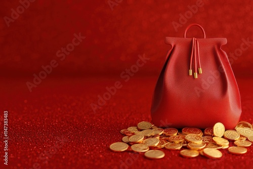 Lucky bags and the Chinese New Year concept. Red leather purse with gold coins on a matching background. photo