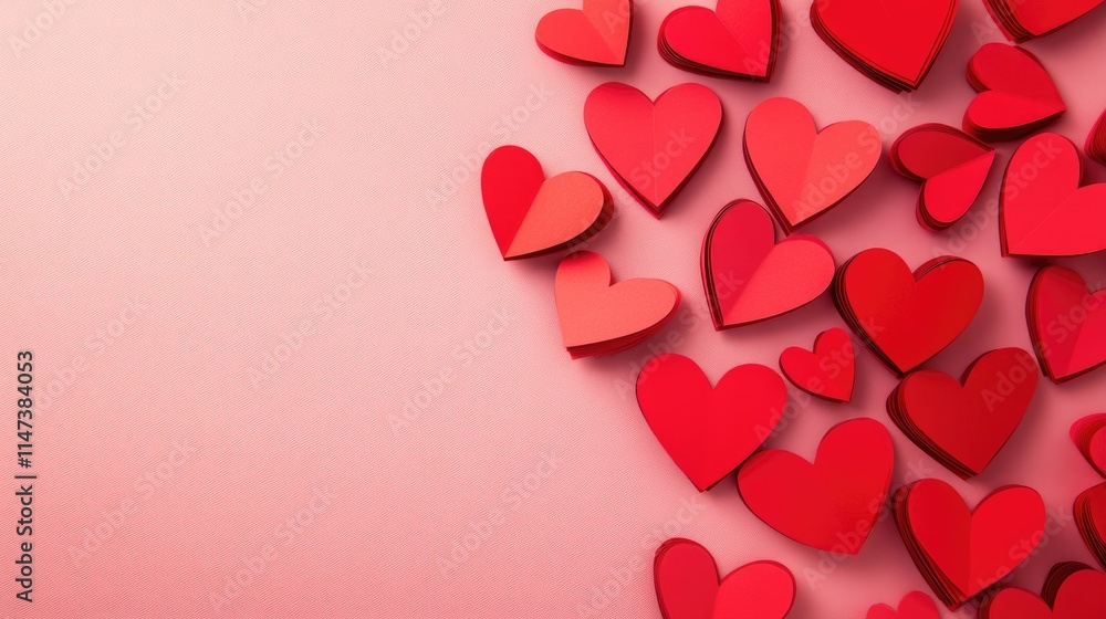 Vibrant Red Paper Hearts Arranged on Smooth Pink Background Vibrant Red Paper Hearts Arranged on Smooth Pink Background
