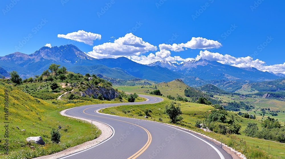 Fototapeta premium Winding asphalt road through scenic mountain valley.