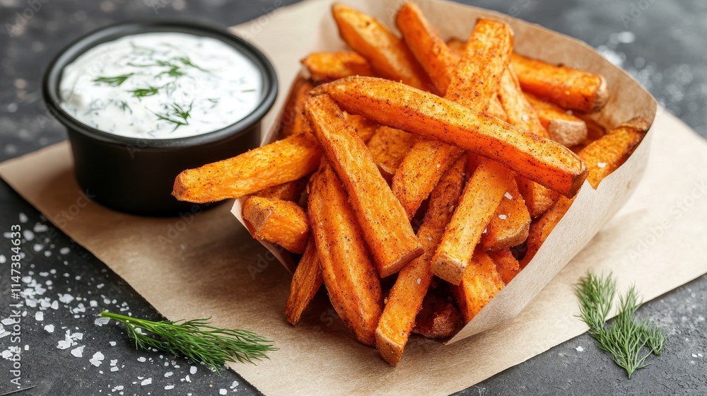 Crispy sweet potato fries seasoned with salt, served in a paper container with creamy dill dip. Perfect for restaurant menus, food blogs, or any project showcasing delicious food. Crispy sweet potato fries seasoned with salt, served in a paper container with creamy dill dip. Perfect for restaurant menus, food blogs, or any project showcasing delicious food.