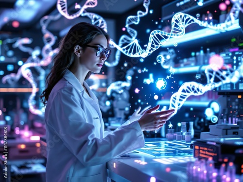 Futuristic Genetic Engineer in High-Tech Biotechnology Lab with Advanced DNA Tools