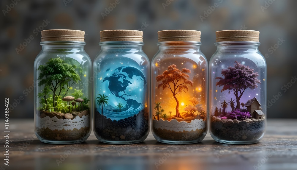 Miniature Worlds in Jars: A Collection of Enchanting Scenes Captured Within Glass Vessels, Showcasing Diverse Ecosystems and Landscapes. Each Jar Presents a Unique, Captivating World. Miniature Worlds in Jars: A Collection of Enchanting Scenes Captured Within Glass Vessels, Showcasing Diverse Ecosystems and Landscapes. Each Jar Presents a Unique, Captivating World.
