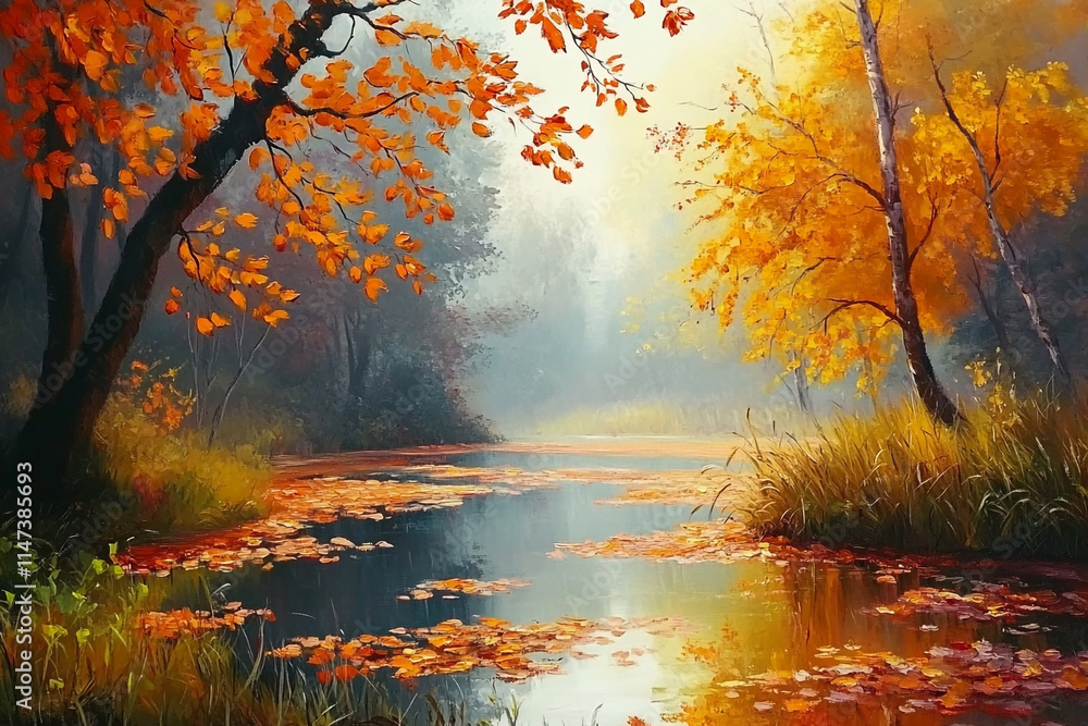 Autumn landscape with colorful trees and reflective pond in serene setting. 