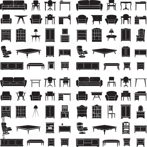 set of black furniture silhouettes in a white background.