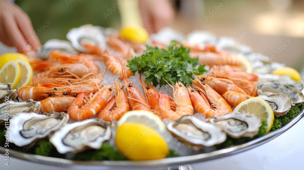 A photo luxurious seafood platter with fresh oysters, lobster, and shrimp on a bed of ice. A photo luxurious seafood platter with fresh oysters, lobster, and shrimp on a bed of ice.