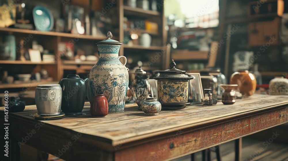 Fototapeta premium Antique porcelain vases and jars on rustic wooden table in antique shop.