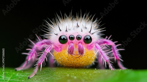 Adorable fluffy pink and yellow fantasy spider sitting on a vibrant green leaf against a dark background.