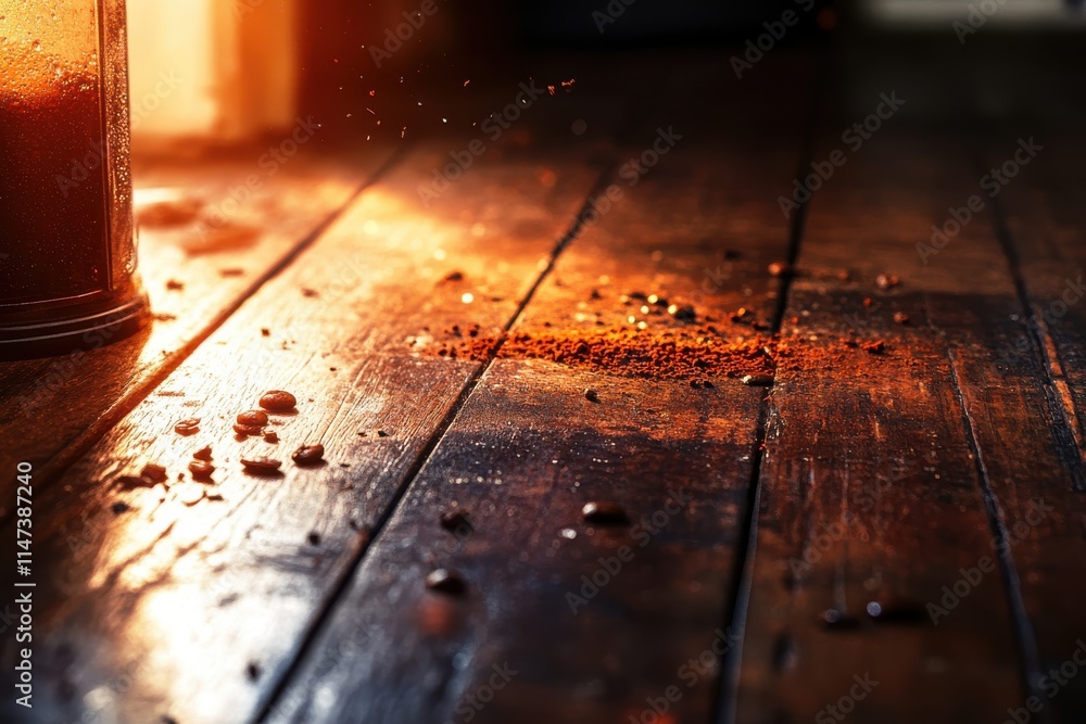 Obraz premium Warm Rustic Kitchen Scene with Coffee Grounds Spilled on Wooden Floor, Sunlight Streaming Through Window, Capturing Morning Serenity and an Inviting Atmosphere