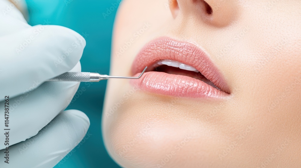 Skin and Plastic Surgery Concept, Close-Up of Lip Augmentation Procedure in Progress with Dental Tool and Gloved Hand Skin and Plastic Surgery Concept, Close-Up of Lip Augmentation Procedure in Progress with Dental Tool and Gloved Hand