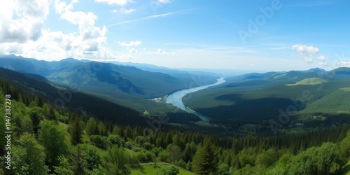 Beautiful panoramic landscape of a serene nature scene with lush green forests, towering mountains, and a tranquil river flowing through the valley, green, natural, panoramic