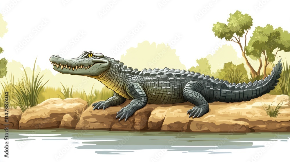 Crocodile basking on rocks near water. Crocodile basking on rocks near water.