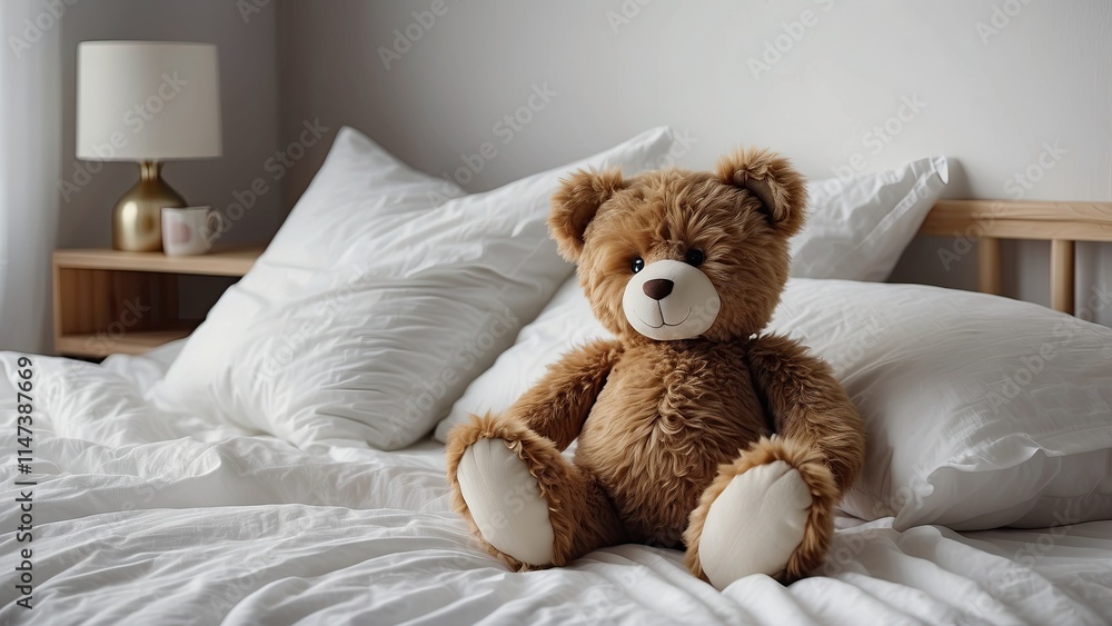 Indoors, a fluffy teddy bear rests on a child's bed surrounded by dazzling white pillows and linens. Indoors, a fluffy teddy bear rests on a child's bed surrounded by dazzling white pillows and linens.