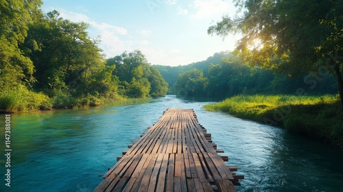 A wooden bridge spans a river, with trees on either side