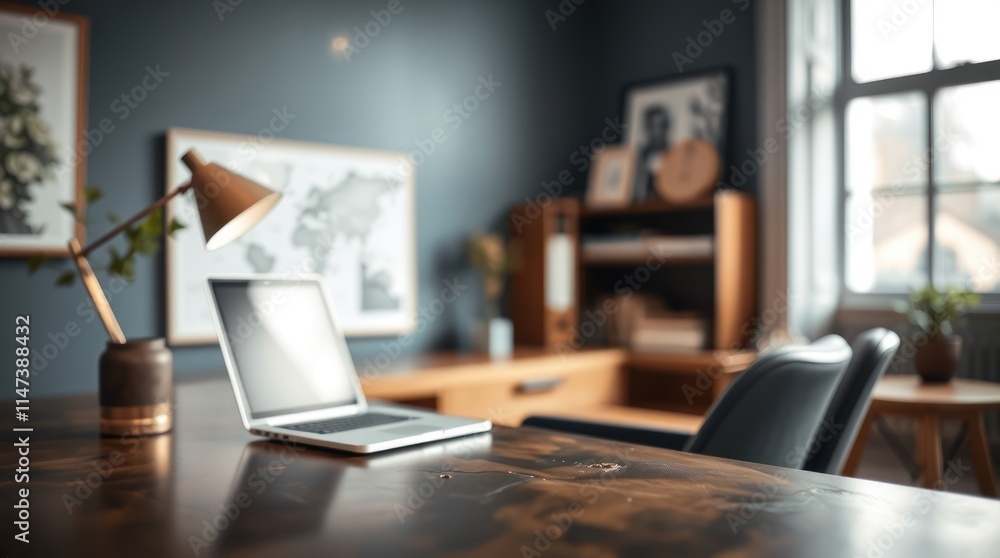 Laptop on a Wooden Desk in a Home Office Laptop on a Wooden Desk in a Home Office