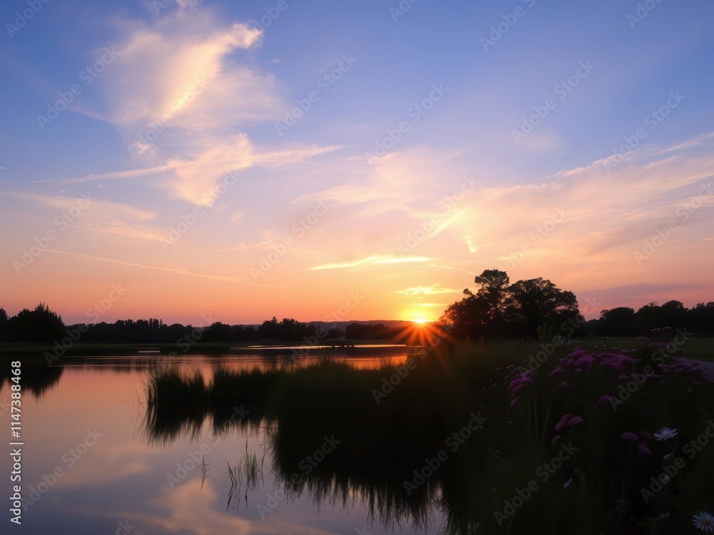 A serene nature scene at sunset with golden light casting a warm glow on a peaceful lake surrounded by lush green trees and colorful flowers, nature, sunset, scenic A serene nature scene at sunset with golden light casting a warm glow on a peaceful lake surrounded by lush green trees and colorful flowers, nature, sunset, scenic