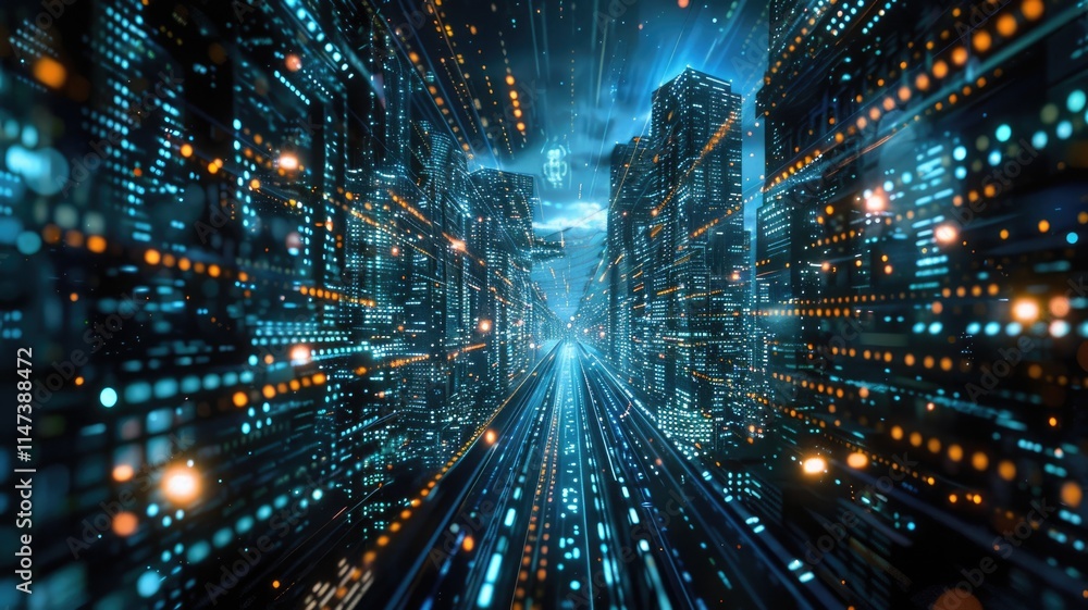 Obraz premium Immerse in a vibrant futuristic cityscape filled with digital elements and glowing lights. A stunning visual representing technology and modern architecture.