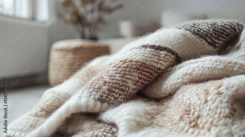 Cozy cream and brown knitted throw blanket draped on furniture in a bright living room. Cozy cream and brown knitted throw blanket draped on furniture in a bright living room.