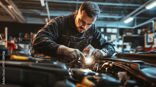 Mechanic in workshop inspecting car engine with flashlight, focusing on engine details, well-lit garage with tools and parts scattered around.
