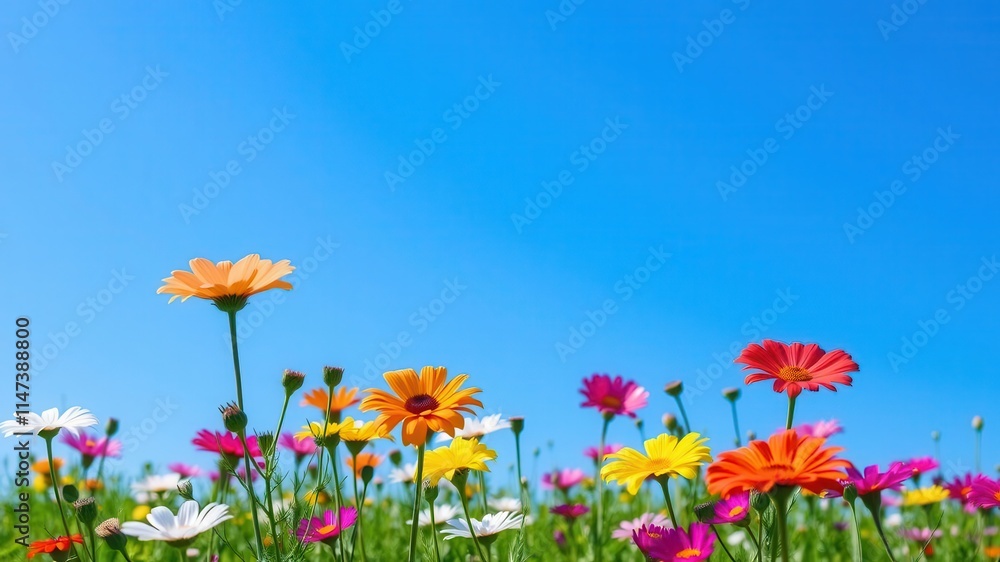 Vibrant cosmos flowers blooming in a vast field under a clear blue sky, picturesque, outdoors, natural Vibrant cosmos flowers blooming in a vast field under a clear blue sky, picturesque, outdoors, natural