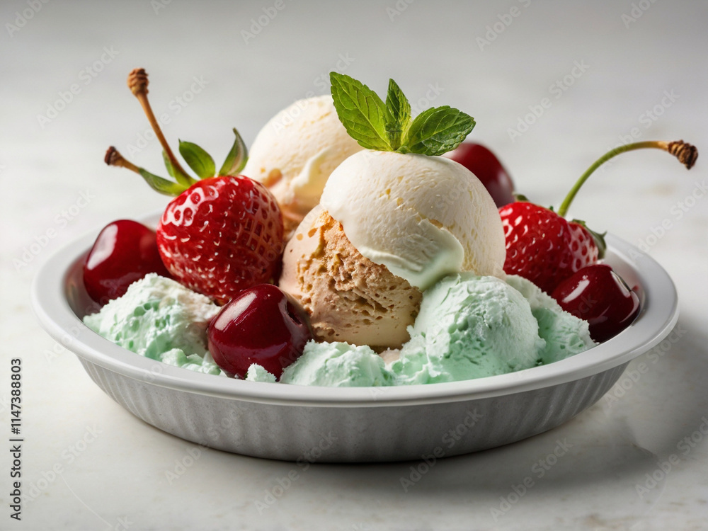 A tray with two scoops of ice cream - one vanilla and one strawberry, A tray with two scoops of ice cream - one vanilla and one strawberry,