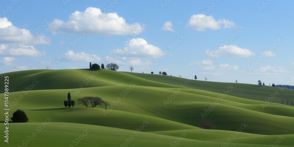 Obraz premium Rolling hills and stylized trees under a peaceful blue sky, creating a serene natural landscape, rolling hills, peaceful, landscape