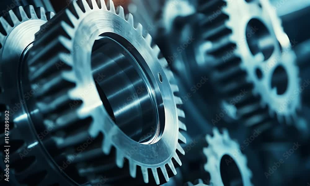 Close-up of metallic gears showcasing precision engineering and industrial design. Close-up of metallic gears showcasing precision engineering and industrial design.