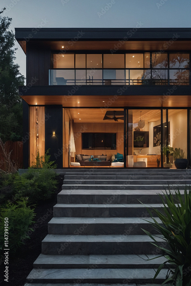 Two-Story Modern Residence with Exterior Stone Steps and Large Windows Two-Story Modern Residence with Exterior Stone Steps and Large Windows